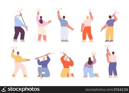 People painting wall. Man woman painter, group professional home repair. Girl and boy with roller or brush, house renovation vector characters. Illustration renovate construction, roller and painter. People painting wall. Man woman painter, group professional home repair. Girl and boy with roller or brush, house renovation utter vector characters