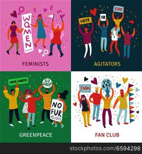 People parade 2x2 design concept set of feminists agitators greenpeace and fan club square icons flat vector illustration  . People Parade 2x2 Design Concept