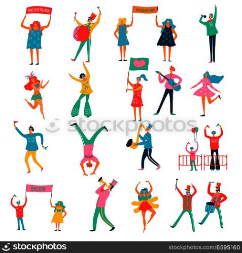 People parade demonstration for peace participants characters with make love not war banners flat set vector illustration . People Parade Flat Set