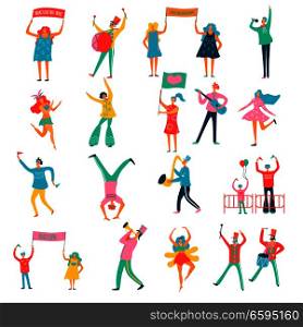 People parade demonstration for peace participants characters with make love not war banners flat set vector illustration . People Parade Flat Set