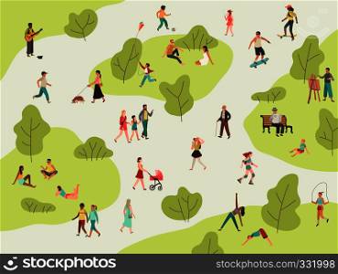 People park. Active walk outdoors woman man girl children picnic sport talking community character leisure lunch in park flat illustration. People park. Active walk outdoors woman man girl children picnic sport talking community character leisure lunch in park