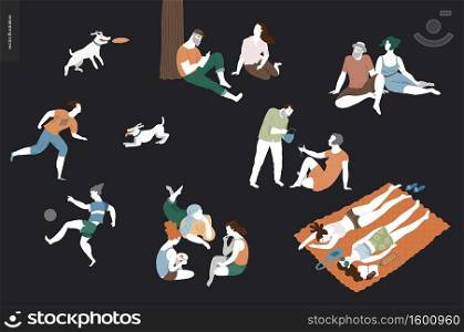 People park festival picnic - flat vector concept illustration of a group of people relaxing in the park - having picnic, getting tan, playing soccer, reading, playing with a dog, talking in a company. People park festival picnic - black background