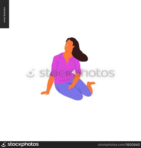People park festival picnic - flat vector concept illustration of a young brunette woman wearing bright purple shirt and blue trousers sitting on the ground. People park festival picnic