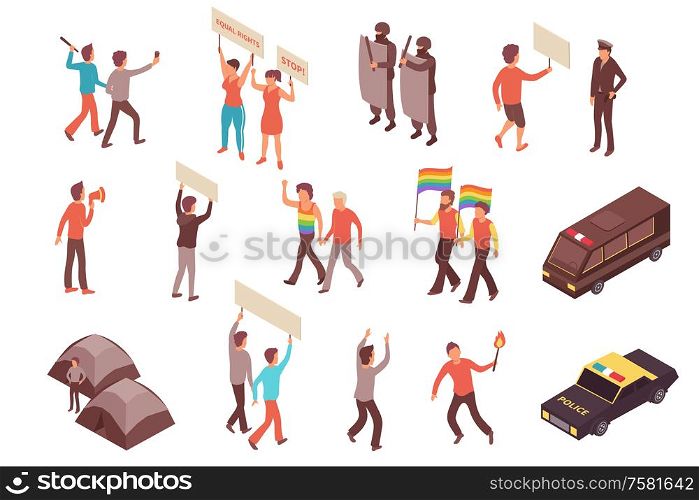 People participating in street protests and police officers isometric icons set 3d isolated vector illustration