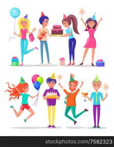 People partying vector, woman and man celebrating birthday party of friend. Gifts in wrapping paper, male holding cake with fired candles, person and drink. People Partying Celebrating Birthday Party Friend