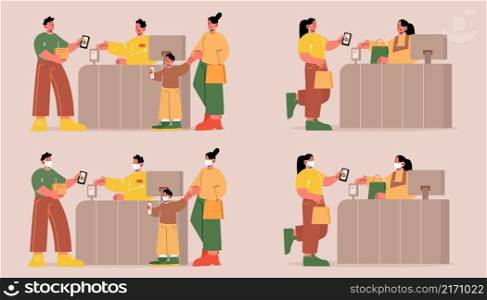 People pay for purchase on checkout counter in supermarket. Concept of contactless payment, NFC technology. Vector set of flat illustrations with cashier and shoppers in masks with phone in store. People pay in supermarket. Contactless payment