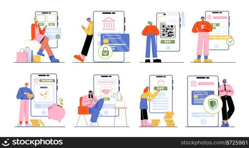 People pay, transfer money, make savings with mobile phone. Concept of digital bank service, online payment with persons with smartphone with credit card and QR bar code on screen, vector illustration. People pay, transfer money with mobile phone