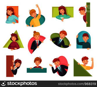 People peeking out. Man looking out, woman searching something and curiosity. Surprise emotion avatars, spying looking humans character. Cartoon vector illustration isolated icons set. People peeking out. Man looking out, woman searching something and curiosity cartoon vector illustration set