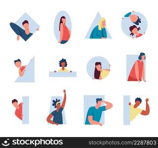People peeping out window and peeking behind wall. Male and female characters looking out of various shapes, spying person vector set. Illustration of curious peeping from window. People peeping out window and peeking behind wall. Male and female characters looking out of various shapes, spying person vector set