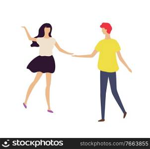 People performing dancing concert vector, man and woman dancing together in club flat style. Isolated pair smiling and moving, disco dancers clubbing. Couple Dancing Together, Man and Woman in Club