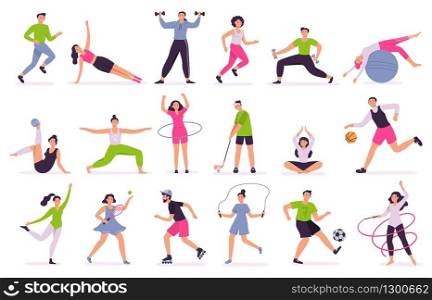 People performing sports activities. Vector illustration set. Character activity training, fitness and action, performing together. People performing sports activities. Vector illustration set