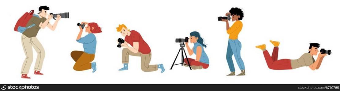 People photographers with camera take shoot in different poses. Vector flat illustration of professional cameraman, paparazzi and journalists taking photo isolated on white background. People photographers with camera take shoot