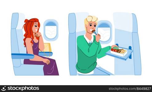 people plane vector. travel flight man woman, airplane trip, business person people plane character. people flat cartoon illustration. people plane vector