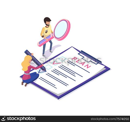 People planning and organizing working time vector. Man and woman with clipboard and magnifying glass tool achieving rapid results in business field. Business Planning, Tasks on Clipboard and Tools
