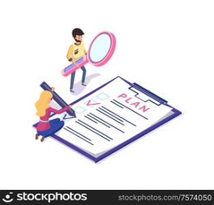 People planning and organizing working time vector. Man and woman with clipboard and magnifying glass tool achieving rapid results in business field. Business Planning, Tasks on Clipboard and Tools