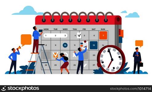 People planning concept. Entrepreneurship and calendar schedule planning with filling course campaign. Vector illustrations business meeting and events organizing process office working. People planning concept. Entrepreneurship and calendar schedule planning. Vector business meeting and events organizing