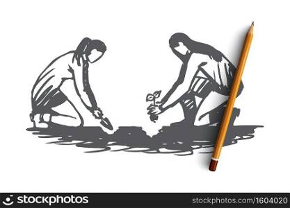 People, planting, flowers, gardening, nature concept. Hand drawn women planting flower in ground concept sketch. Isolated vector illustration.. People, planting, flowers, gardening, nature concept. Hand drawn isolated vector.
