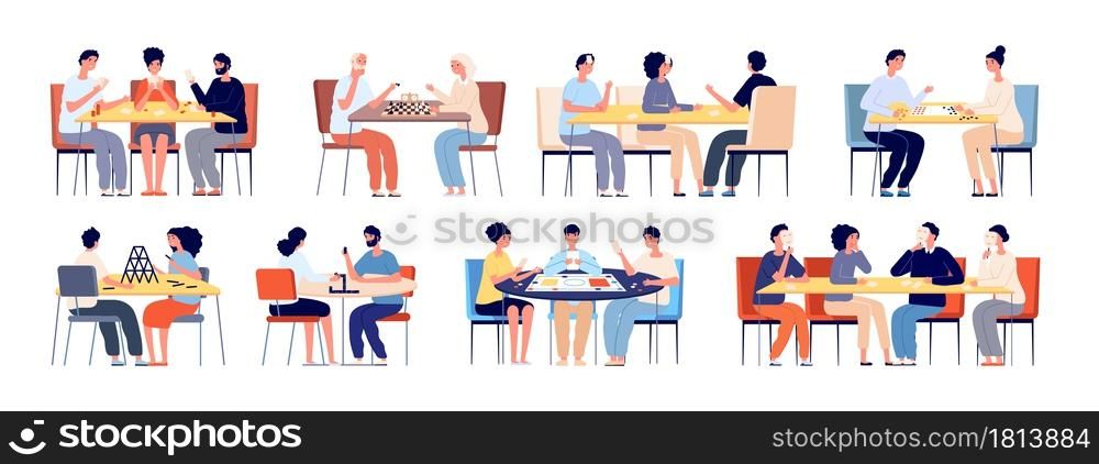 People play board game. Family playing cards, friends at table gaming. Happy young and elderly players, chess chips poker gamers vector set. Board game strategy, people pastime illustration. People play board game. Family playing cards, friends at table gaming. Happy young and elderly players, chess chips poker gamers vector set