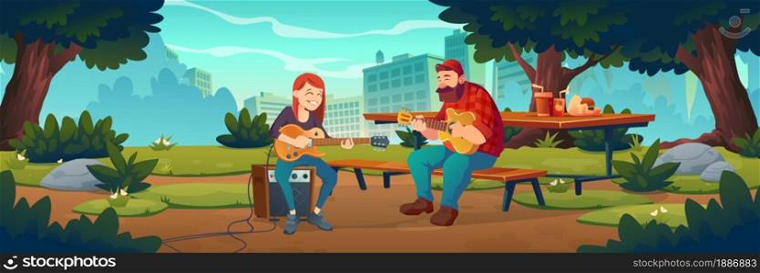 People play music in city park. Musicians with acoustic and electric guitars perform outdoor. Vector cartoon landscape of summer public garden with wooden picnic table and benches. People play music in city park