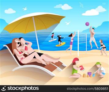 People playing and surfing on summer sea beach flat vector illustration. People On Beach