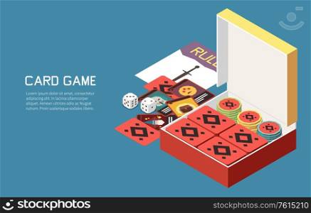 People playing board games isometric background with editable text and images of gaming set with chips vector illustration