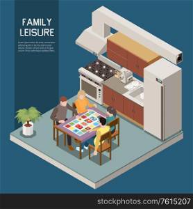 People playing board games isometric background with set of indoor images kitchen scenery and playful people vector illustration