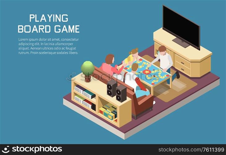 People playing board games isometric background with set of indoor images team game with editable text vector illustration