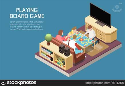 People playing board games isometric background with set of indoor images team game with editable text vector illustration