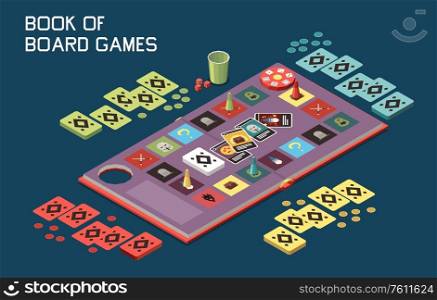 People playing board games isometric composition with view of desktop gaming set with cards and chips vector illustration