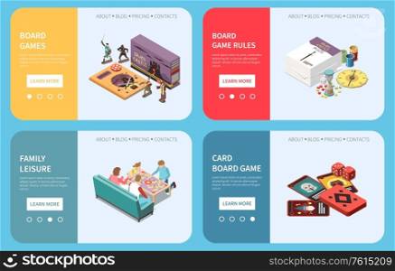 People playing board games isometric set of four horizontal banners with clickable buttons desktop game images vector illustration