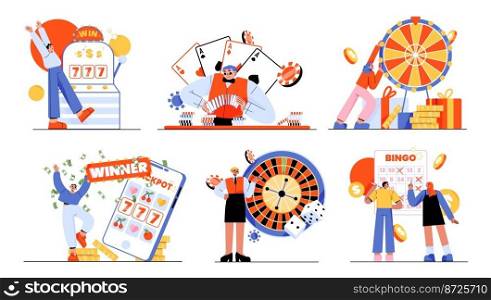 People playing casino and gamble games isolated set. Gambling concept with male and female characters spin roulette, slot machine, poker and lottery fortune games, Linear flat vector illustration. People playing casino gamble games isolated set