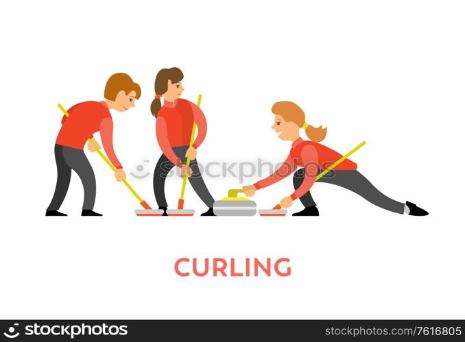 People playing curling using special bats and stone vector, man and woman opponents isolated. Team of youth leading active lifestyle flat style character. Curling Sports Game, Teamwork Man and Woman Vector