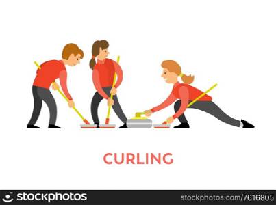People playing curling using special bats and stone vector, man and woman opponents isolated. Team of youth leading active lifestyle flat style character. Curling Sports Game, Teamwork Man and Woman Vector