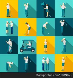 People playing golf flat long shadow icons set isolated vector illustration. Golf People Flat