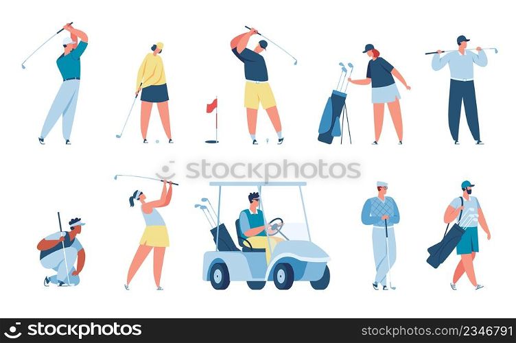 People playing golf, golfer characters with golfing equipment. Men and women golfers hitting ball, driving cart, sport activity vector set. Outdoor hobby or training, leisure activity. People playing golf, golfer characters with golfing equipment. Men and women golfers hitting ball, driving cart, sport activity vector set