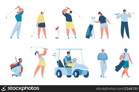People playing golf, golfer characters with golfing equipment. Men and women golfers hitting ball, driving cart, sport activity vector set. Outdoor hobby or training, leisure activity. People playing golf, golfer characters with golfing equipment. Men and women golfers hitting ball, driving cart, sport activity vector set