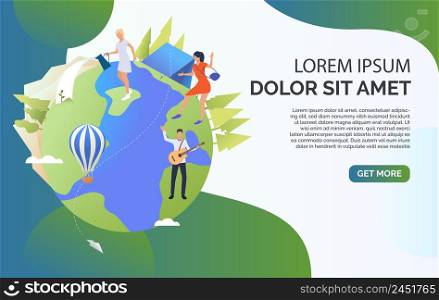 People playing guitar, watering plants on Earth and sample text. Lifestyle, leisure, activity, sport concept. Presentation slide template. Vector illustration for topics like vacation, nature, summer. People playing guitar, watering plants on Earth and sample text