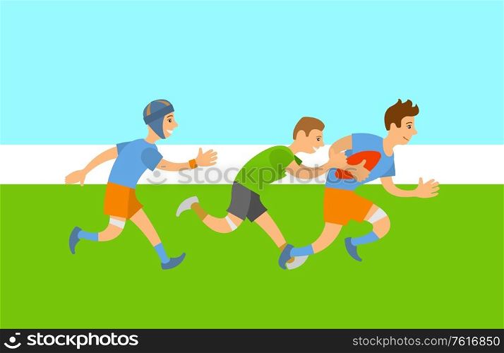 People playing rugby in team vector, youth running with ball in hands, aggressive kind of sports originated in England. Field with grass green lawn. Website or webpage template, landing page flat style. Rugby Team English Sports Players on Field Vector