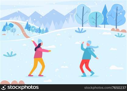 People playing snow fight game in winter. Landscape with snowy peaks and pine trees. Girl and boy with throwing snowballs at each other. Vacation of characters. Vector in flat style illustration. Snow Fight of People Playing Outdoors in Winter