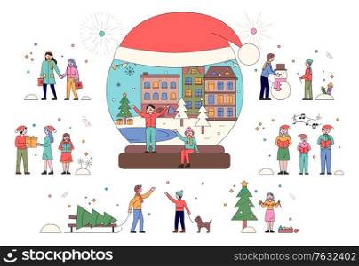 People playing snow outdoor, Merry Christmas greetings, kids recreation at winter. Xmas postcard decorated by fir-tree, snowing weather, Santa hat. Boy and girl singing carols, Xmas celebration vector. Merry Christmas, Kid Plays with Snow, Xmas Vector