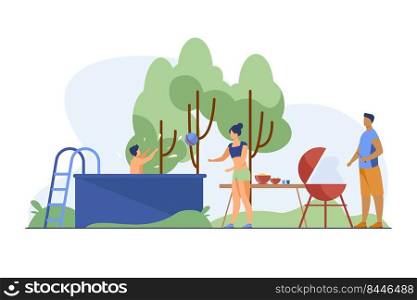 People playing, swimming, cooking at backyard. Barbecue, park, nature flat vector illustration. Summer activity and weekend concept for banner, website design or landing web page