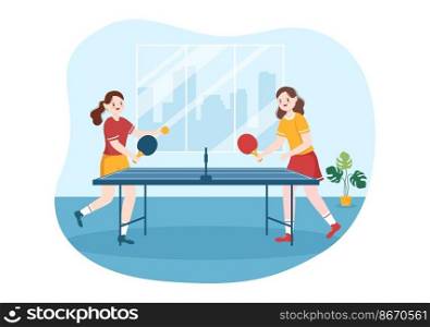 People Playing Table Tennis Sports with Racket and Ball of Ping Pong Game Match in Flat Cartoon Hand Drawn Templates Illustration