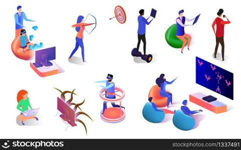 People Playing Video Games Via Gadgets Set Isolated on White Background. Young Men and Women Gaming in Virtual and Augmented Reality. Smart Technology of Future. 3D Flat Vector Isometric Illustration.. People Playing Video Games Using Gadgets Isometric