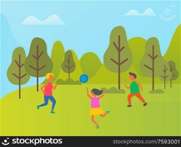 People playing volleyball outdoor, friends or family in sportwear relaxing, cloudy sky and green forest. Full length view of girls and boy vector. Girls and Boy Playing Volleyball in Forest Vector