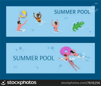 People playing volleyball, summer aqua activity. Man and woman wearing swimwear, splashing in water, pool in summer, swimming females with inflatable rubber circle vector. People Swimming and Playing Ball in Pool Vector