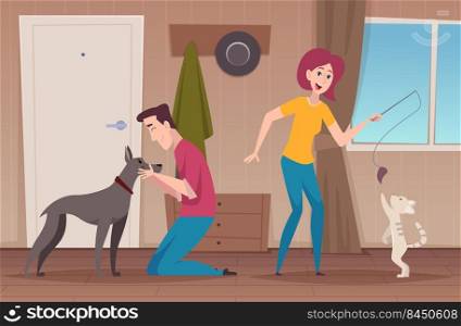 People playing with animals. Happy domestic animals owners funny cats and dogs exact vector cartoon background illustration. Character and pets dog and cat domestic. People playing with animals. Happy domestic animals owners funny cats and dogs exact vector cartoon background illustration