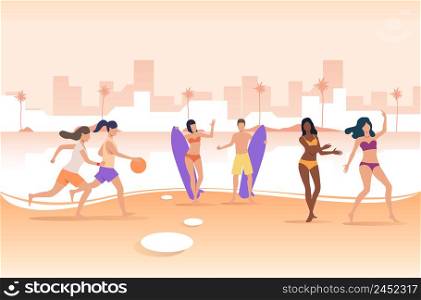 People playing with ball and holding surfboards on city beach. Leisure, holiday, activity concept. Vector illustration can be used for topics like summer, tourism, vacation. People playing with ball and holding surfboards on city beach