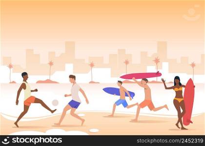 People playing with ball, holding surfboards on city beach. Leisure, holiday, activity concept. Vector illustration can be used for topics like summer, tourism, vacation. People playing with ball, holding surfboards on city beach