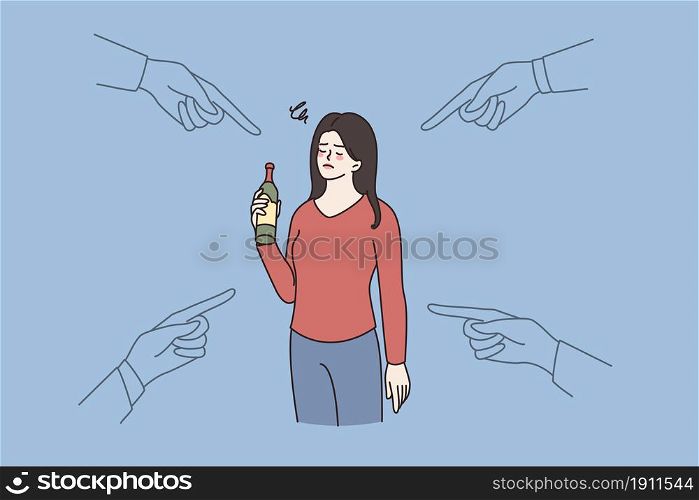 People point at drunk woman holding bottle in hand. Society blaming female with alcoholic addiction problem. Alcohol addict, bad unhealthy habit. Flat vector illustration, cartoon character. . People point at woman with alcohol addiction problem