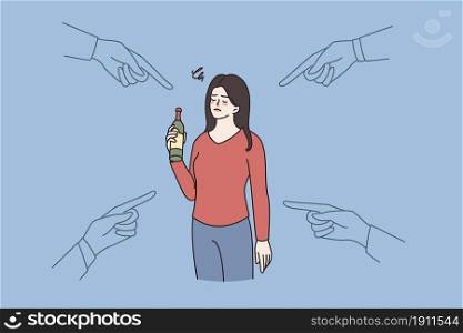 People point at drunk woman holding bottle in hand. Society blaming female with alcoholic addiction problem. Alcohol addict, bad unhealthy habit. Flat vector illustration, cartoon character. . People point at woman with alcohol addiction problem